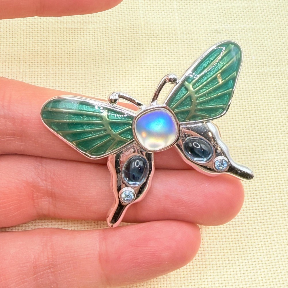 Vintage MONET Butterfly Brooch w/ Blue Green Enamel & Iridescent Purple Cabochon
